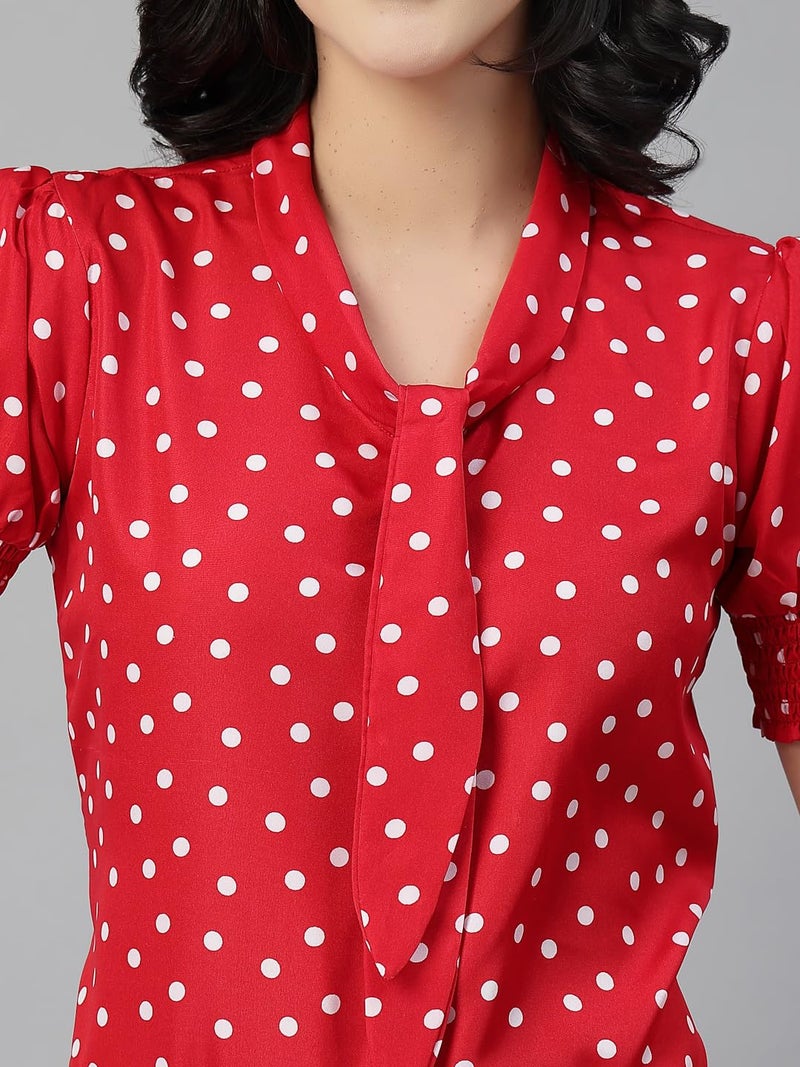 Style Quotient Women Polka Printed Red White Polycrepe Semi Formal Top - Image 2