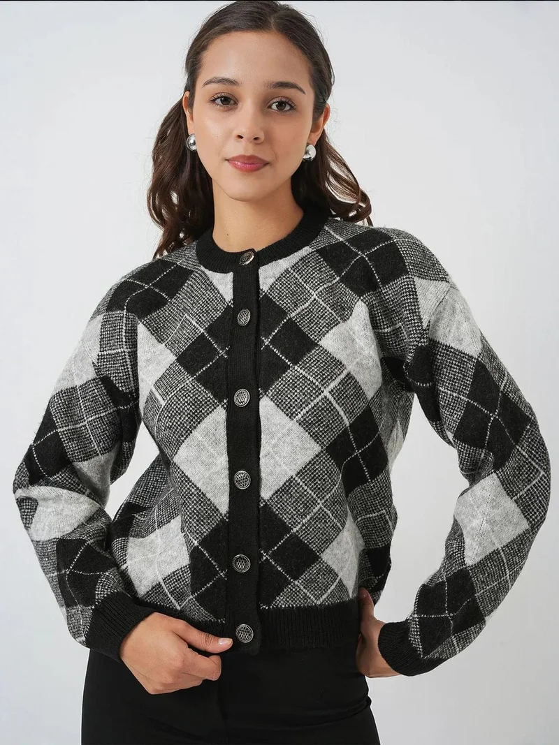 BIG DART BDART Argyle Patterned Knit Cardigan with Button Closure