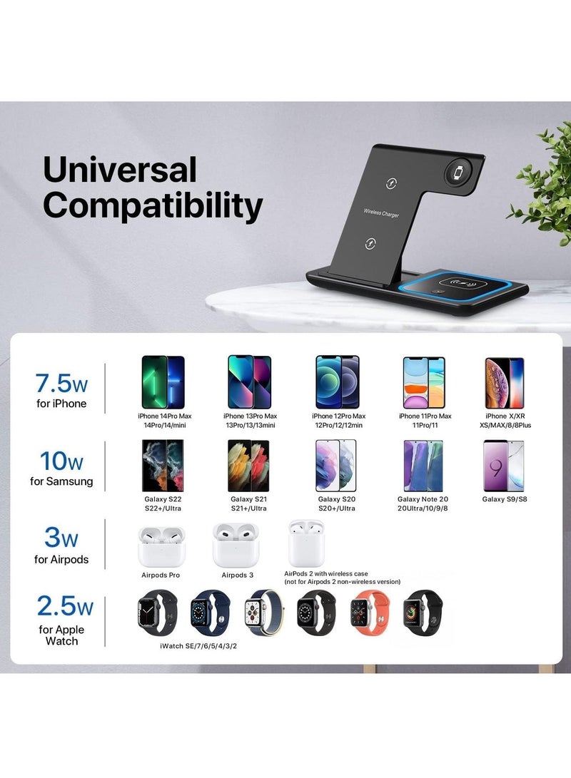 شاحن لاسلكي، محطة شحن لاسلكية 3 في 1، حامل شاحن لاسلكي سريع لأجهزة iPhone و Apple Watch و Apple AirPods وسلسلة Samsung Galaxy (أسود) - Image 3