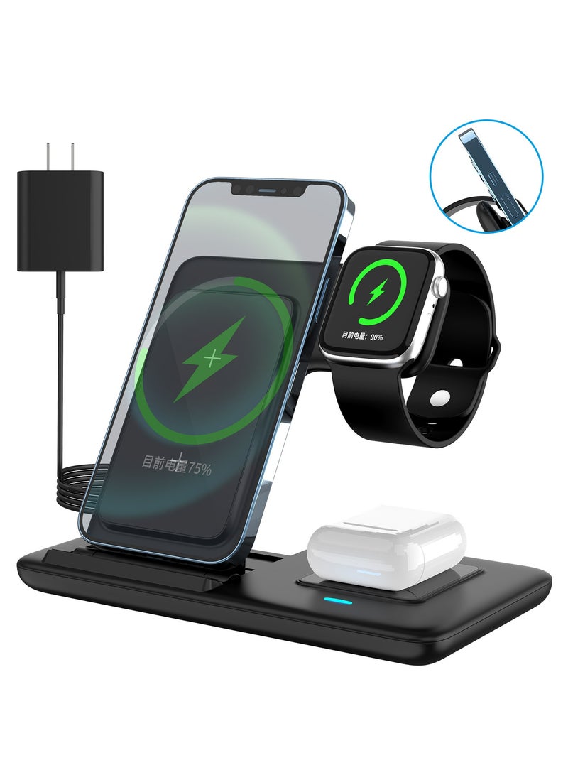 شاحن لاسلكي، محطة شحن لاسلكية 3 في 1، حامل شاحن لاسلكي سريع لأجهزة iPhone و Apple Watch و Apple AirPods وسلسلة Samsung Galaxy (أسود) - Image 1
