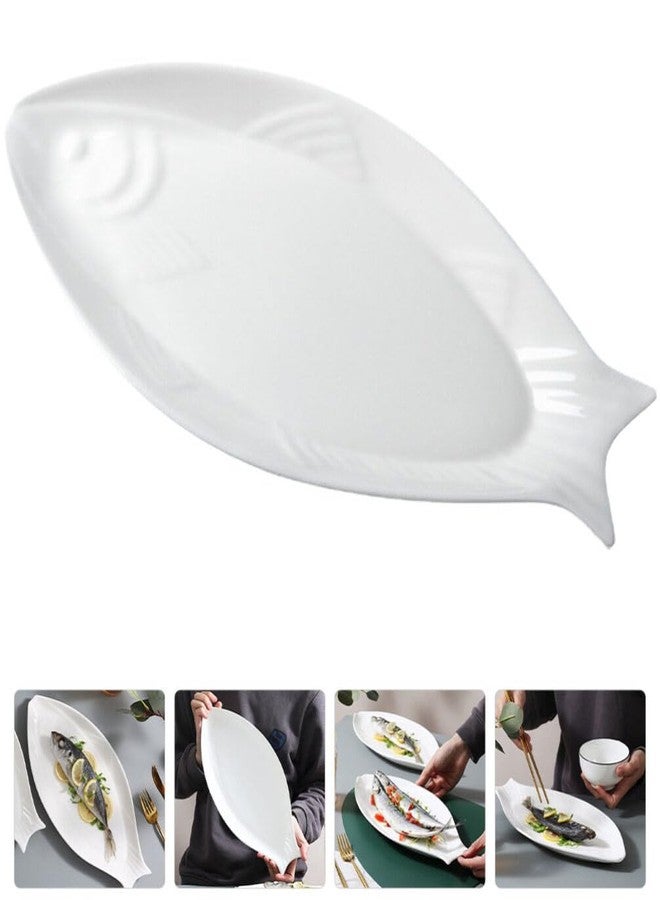 Hemoton Ceramic Fish Platter Oval Fish Plate White Oval Steamed Plate Food Serving Tray for Home Hotel Restaurant Shaped 18inch - Image 3