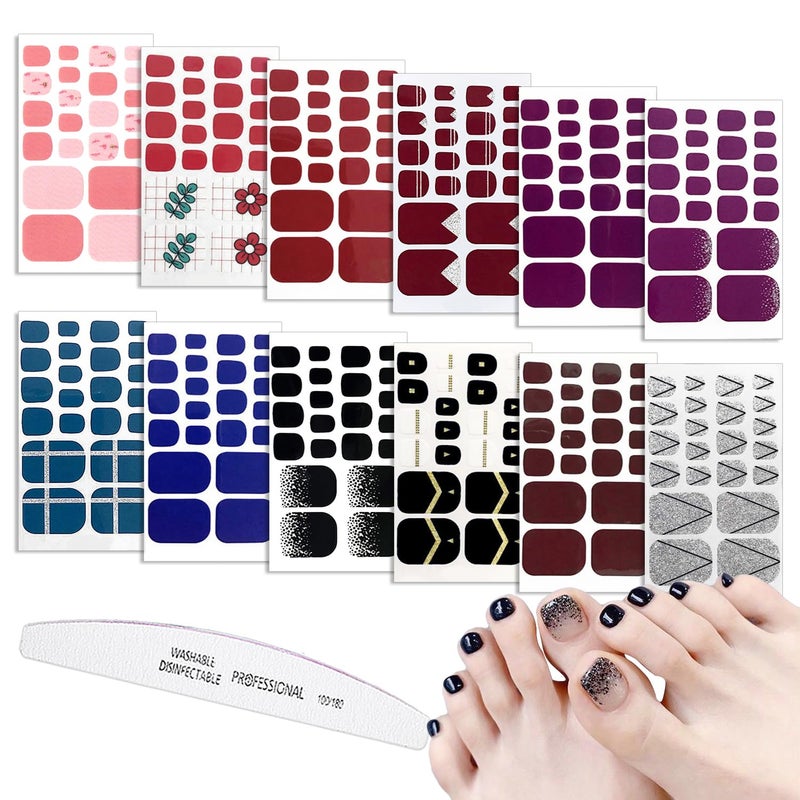 WOKOTO 12 Sheets SelfAdhesive Nail Polish Wraps for Toes and 1Pc Nail File Shinny Solid Silver Stick On Nails Stickers Toe Nail Polish Strips for Women Girl Kids Toenails Strips