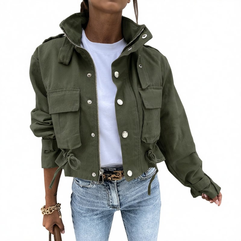 Women's Short Motorcycle Jacket Long Sleeve Zip Front Pocket Casual Outerwear