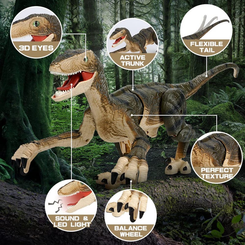 FRUSE Remote Control Jurassic Dinosaur Toys for Kids24 Ghz Velociraptor Dinosaur RC Robot ToyLED Light up Walking Roaring USB Rechargeable Dino Raptor for Kids - Image 3