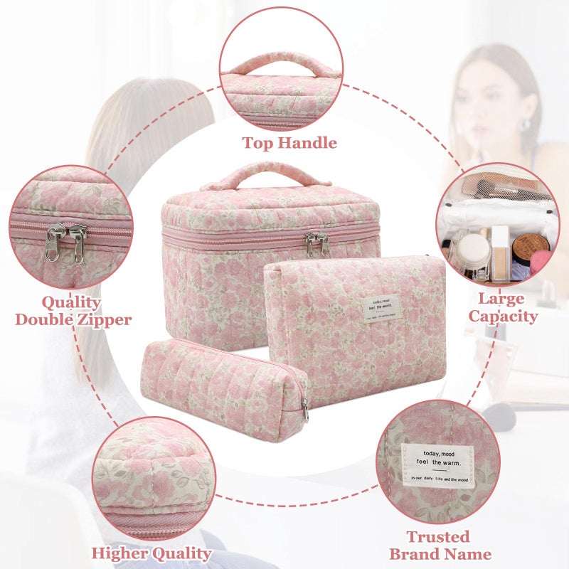 Gosect 3pc Makeup Bag Set, Quilted Makeup Bag Set, Large Floral Cosmetic Bag for Women, Cute Cotton Makeup Bags, Flower Travel Toiletry Organizer Bag (Pink Crushed flower) - Image 3