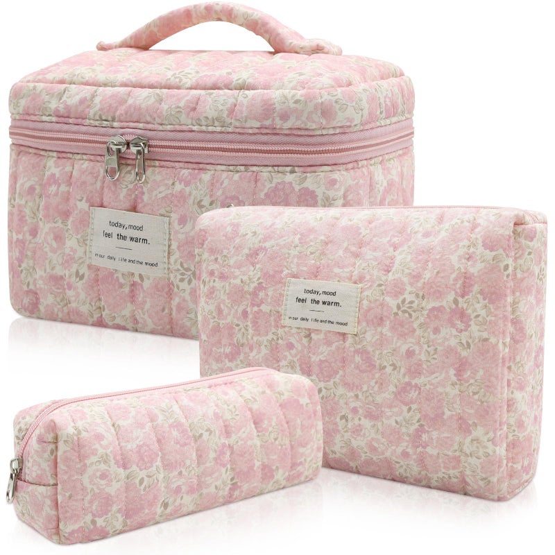 Gosect 3pc Makeup Bag Set, Quilted Makeup Bag Set, Large Floral Cosmetic Bag for Women, Cute Cotton Makeup Bags, Flower Travel Toiletry Organizer Bag (Pink Crushed flower) - Image 1