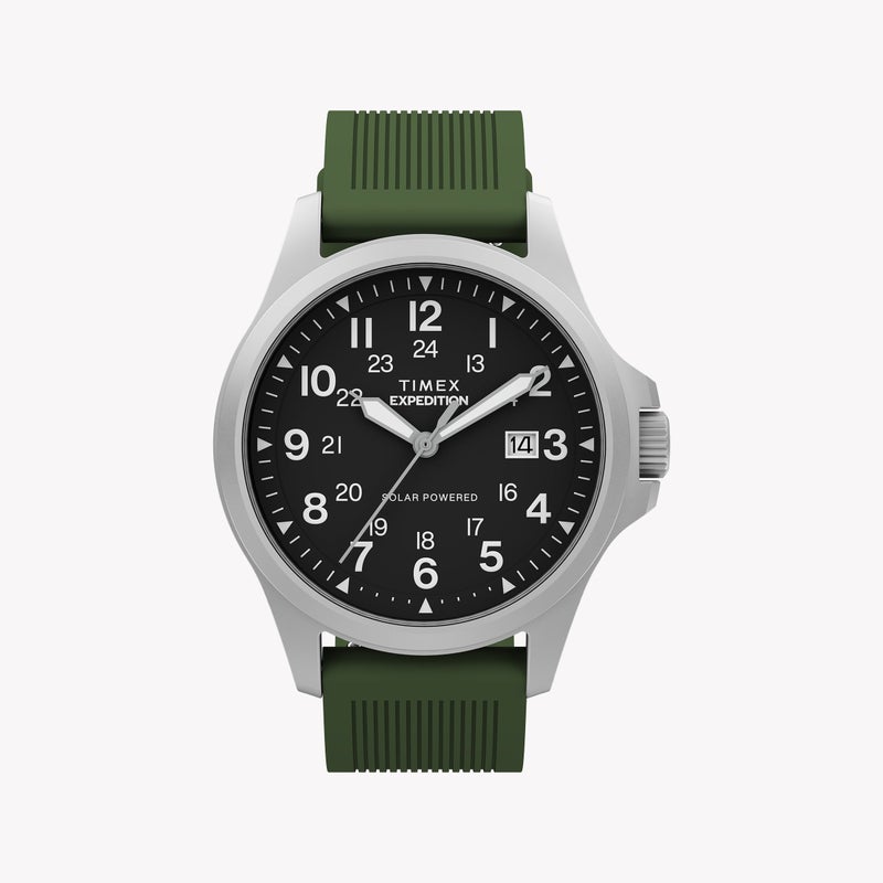 TIMEX Expedition Field Post Solar 41mm SST Black Dial Green Silicone Strap | TW2Y31600 - Image 1