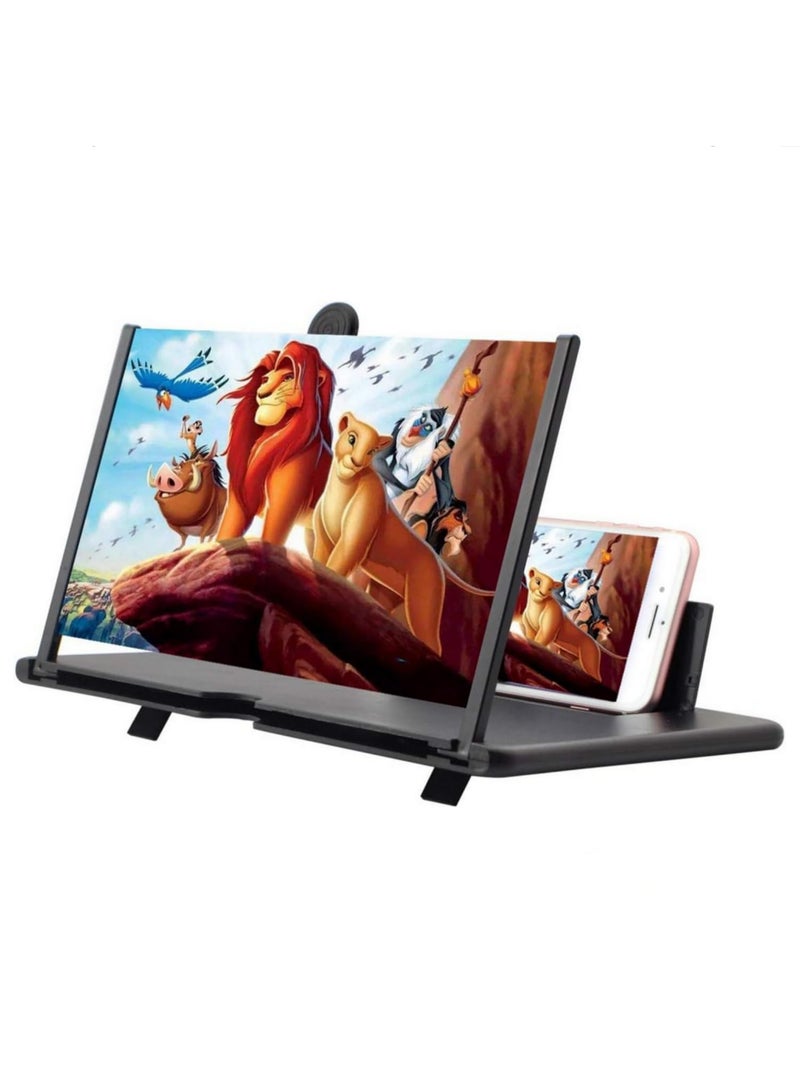 شاشة هاتف مكبرة 12 بوصة مكبر فيديو عالي الدقة مع حامل قابلة للطي حامل مكبر هاتف محمول لسطح المكتب لمشاهدة أكثر وضوحًا مكبر شاشة هاتف محمول للأفلام والفيديو أسود - Image 1