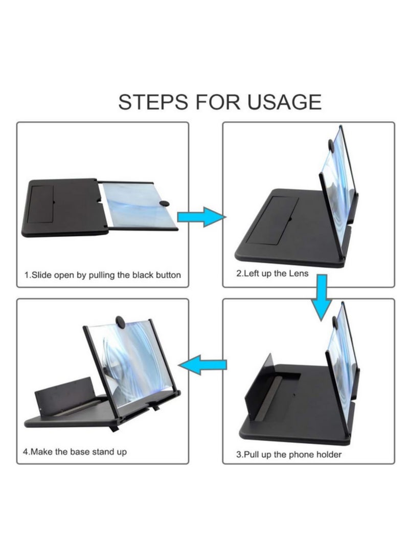 شاشة هاتف مكبرة 12 بوصة مكبر فيديو عالي الدقة مع حامل قابلة للطي حامل مكبر هاتف محمول لسطح المكتب لمشاهدة أكثر وضوحًا مكبر شاشة هاتف محمول للأفلام والفيديو أسود - Image 3