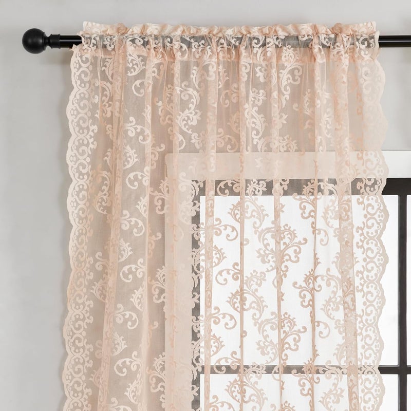 FOLKSIDE Blush Pink Lace Sheer Curtains 72 inch Length - Vintage French Floral Sheer Curtains for Living Room Bedroom Victorian Paisley Curtains 2 Panels - Image 3
