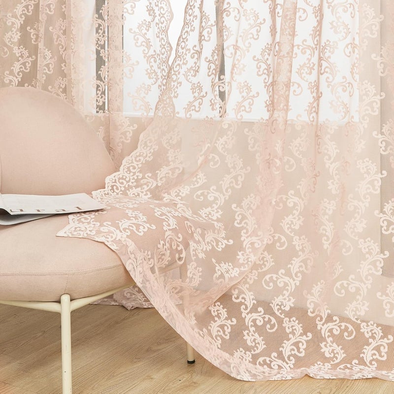 FOLKSIDE Blush Pink Lace Sheer Curtains 72 inch Length - Vintage French Floral Sheer Curtains for Living Room Bedroom Victorian Paisley Curtains 2 Panels - Image 5