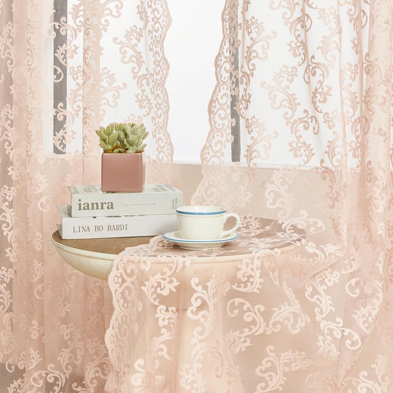 FOLKSIDE Blush Pink Lace Sheer Curtains 72 inch Length - Vintage French Floral Sheer Curtains for Living Room Bedroom Victorian Paisley Curtains 2 Panels - Image 4