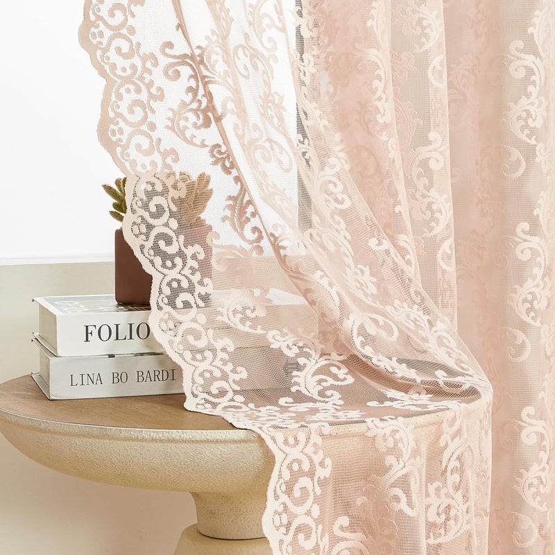 FOLKSIDE Blush Pink Lace Sheer Curtains 72 inch Length - Vintage French Floral Sheer Curtains for Living Room Bedroom Victorian Paisley Curtains 2 Panels - Image 1
