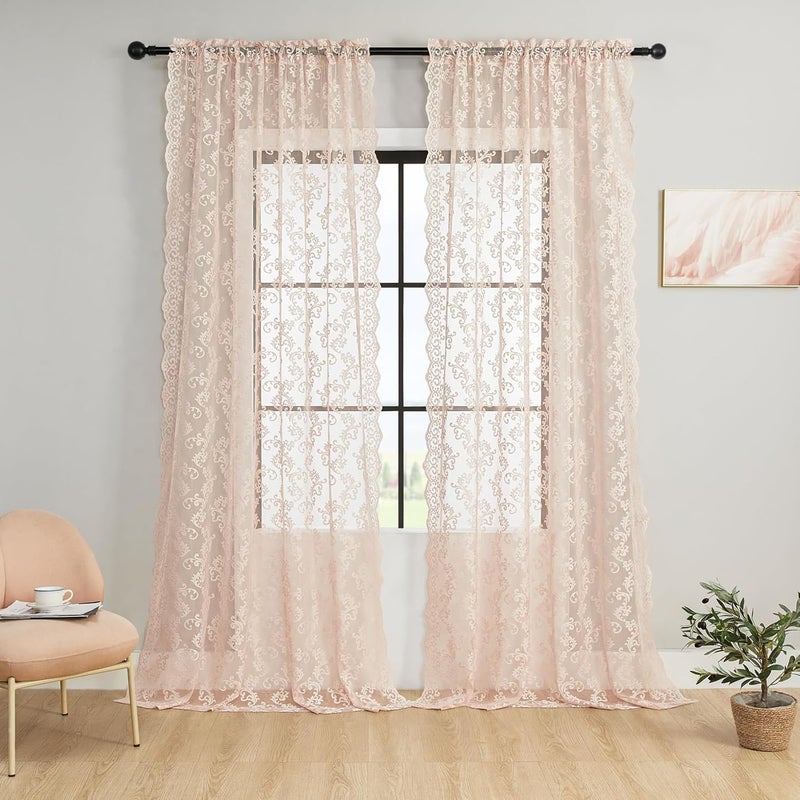 FOLKSIDE Blush Pink Lace Sheer Curtains 72 inch Length - Vintage French Floral Sheer Curtains for Living Room Bedroom Victorian Paisley Curtains 2 Panels - Image 2