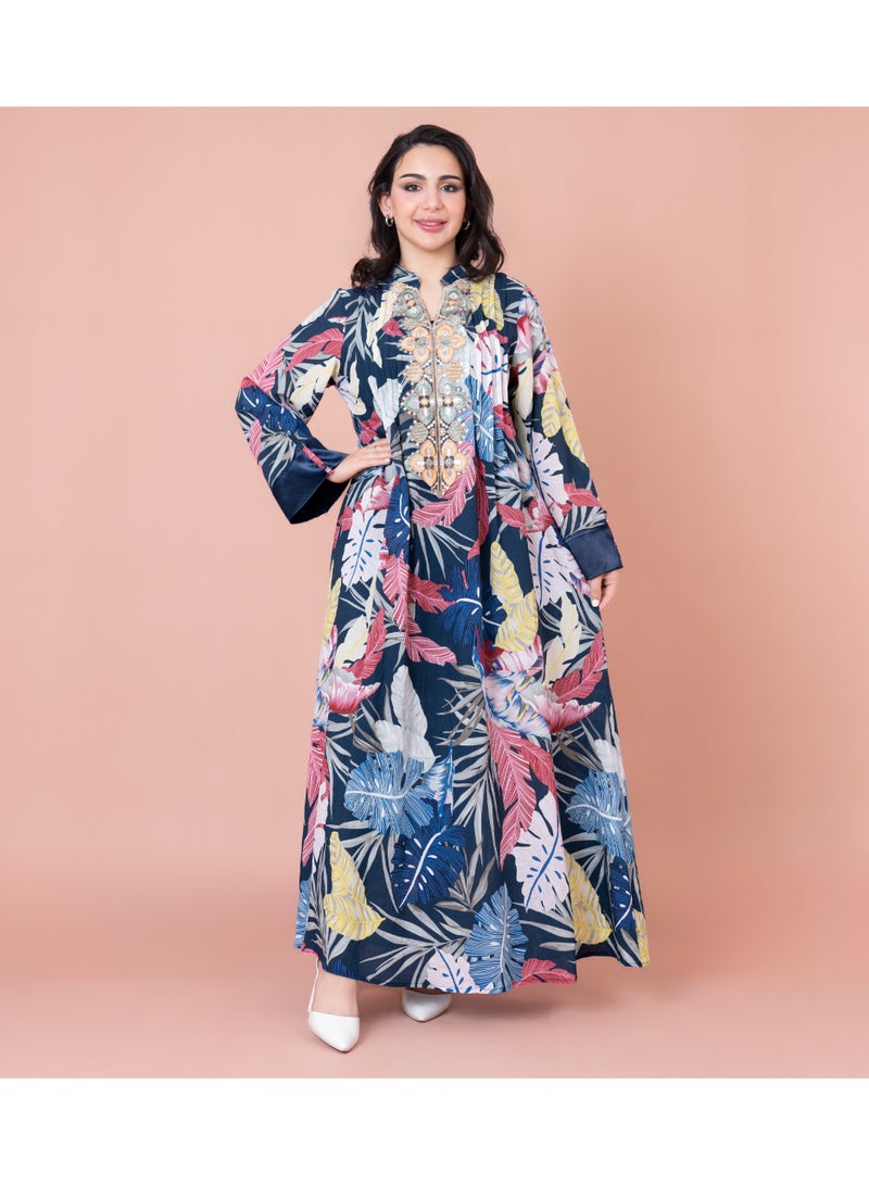 اكسا جلابية مطرزة بأوراق وأزهار - أزرق - Image 1