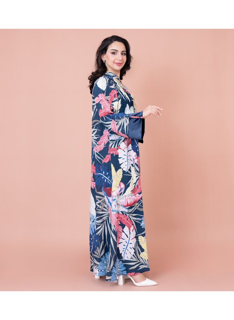 اكسا جلابية مطرزة بأوراق وأزهار - أزرق - Image 3