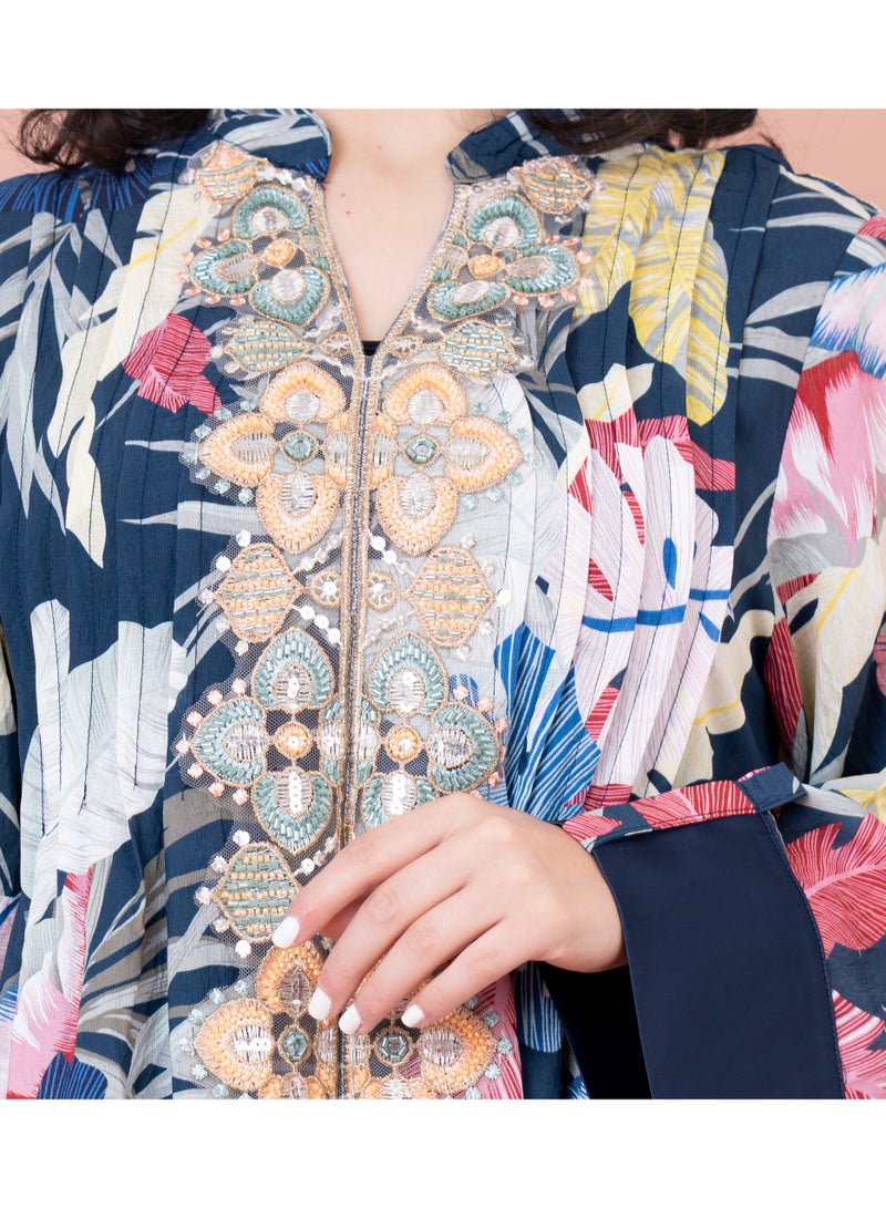 اكسا جلابية مطرزة بأوراق وأزهار - أزرق - Image 2