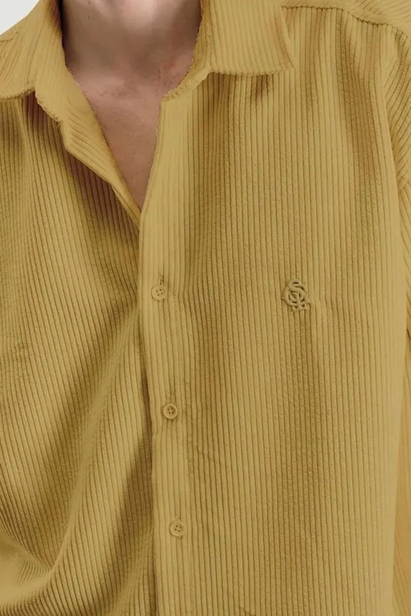 Giesto Amber Yellow Oversized Long Sleeve Button-Front Velvet Shirt for Men | Best Price UAE