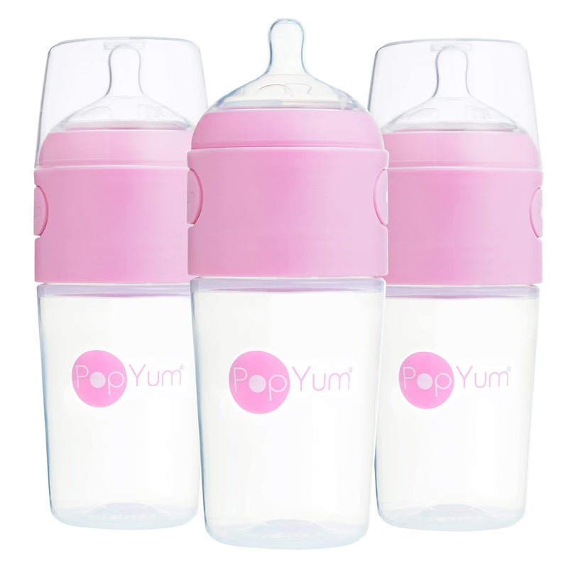 PopYum 9 oz Pink Anti-Colic Formula Making/Mixing/Dispenser Baby Bottles, 3-Pack with #2 Medium Flow Nipples, 260 ml, BPA-Free, Natural Latch - Image 1
