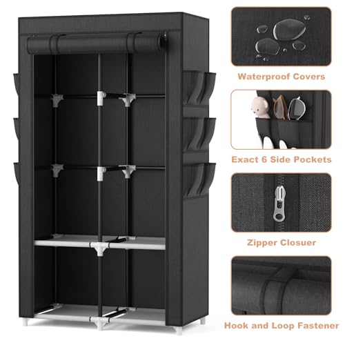 VTRIN Portable Closet Wardrobe Closet for Hanging Clothes with 4 Storage Shelves, 2 Hanging Rods and 6 Pockets, Stable and Easy Assembly Clothes Rack with Cover Free Standing Closet for Bedroom, Black - Image 4