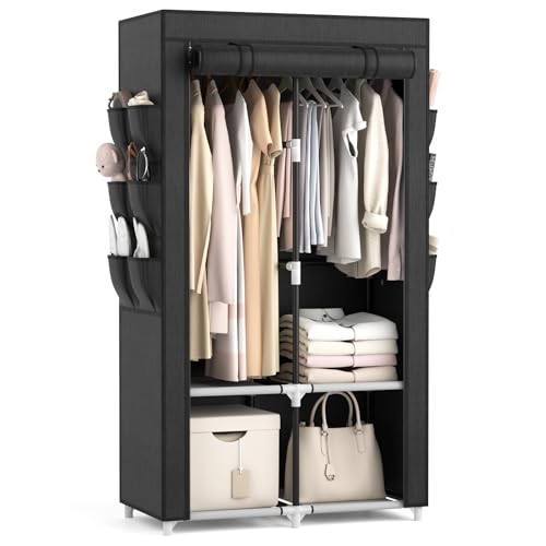 VTRIN Portable Closet Wardrobe Closet for Hanging Clothes with 4 Storage Shelves, 2 Hanging Rods and 6 Pockets, Stable and Easy Assembly Clothes Rack with Cover Free Standing Closet for Bedroom, Black - Image 1