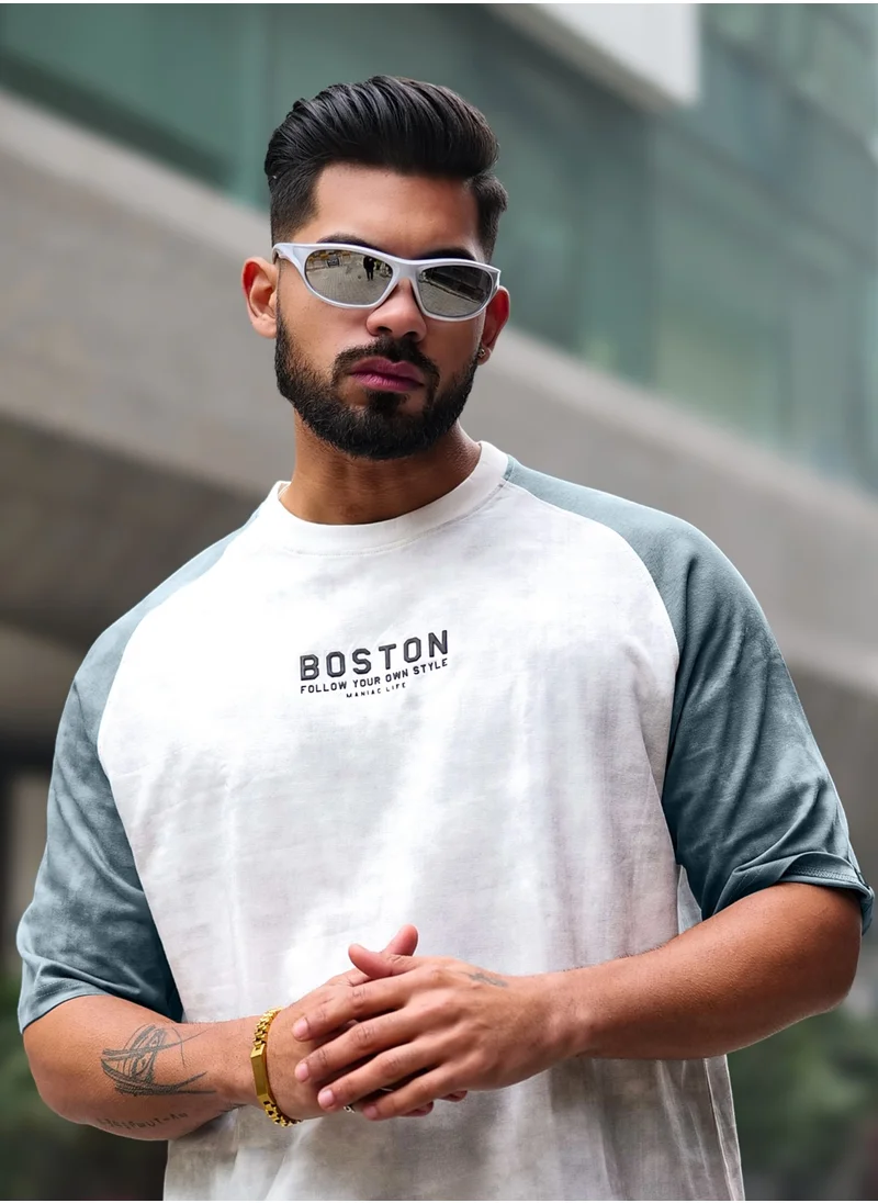 مانياك Maniac Mens Printed Round Neck 3/4th Sleeve Half White Cotton T-Shirt