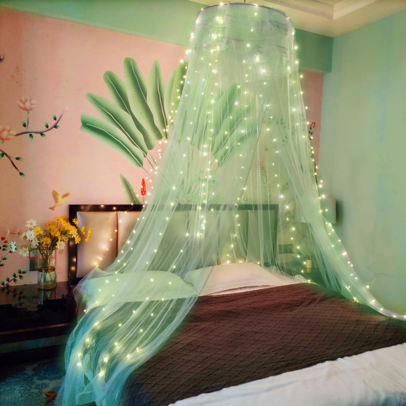 Eimilaly Lace Bed Canopy Mosquito Netting with Warm Lights Princess Bed Canopy for Girls Room Decor GreenSingle Door