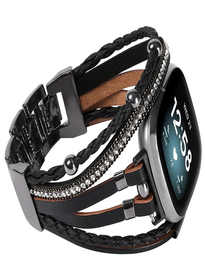 أساور جلدية فاخرة متوافقة مع Fitbit Versa 3/Fitbit Sense، أساور نسائية أنيقة متعددة الطبقات بتصميم بوهيمي، سوار مجوهرات قابل للتعديل مصنوع يدويًا لساعة Sense/Versa 3 الذكية (أسود) - Image 1