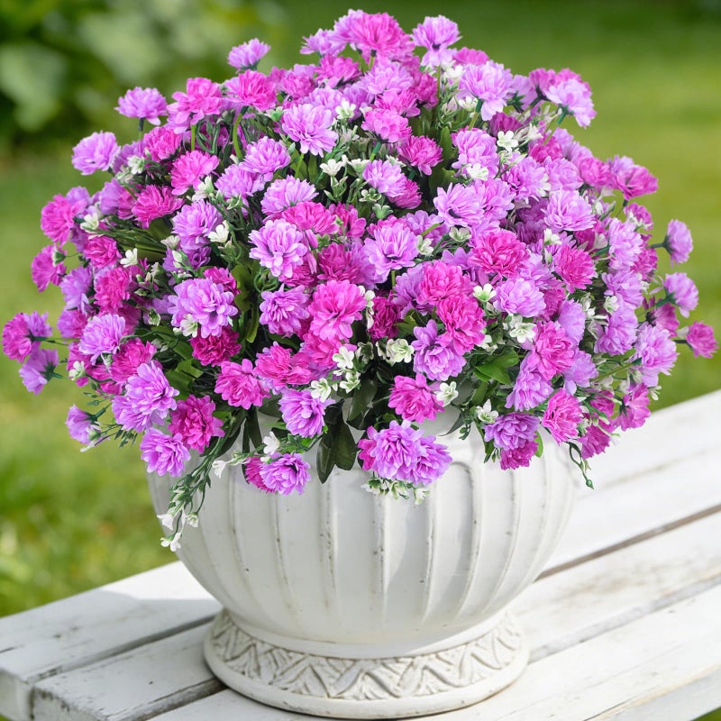 Ammyoo Artificial Flowers for Outdoors Decoration, 6 Bundles Silk Marigold Flower UV Resistant Look Real Faux Plants for Garden Porch Planter Patio Balcony Yard Home Decor (Double Purple) - Image 1