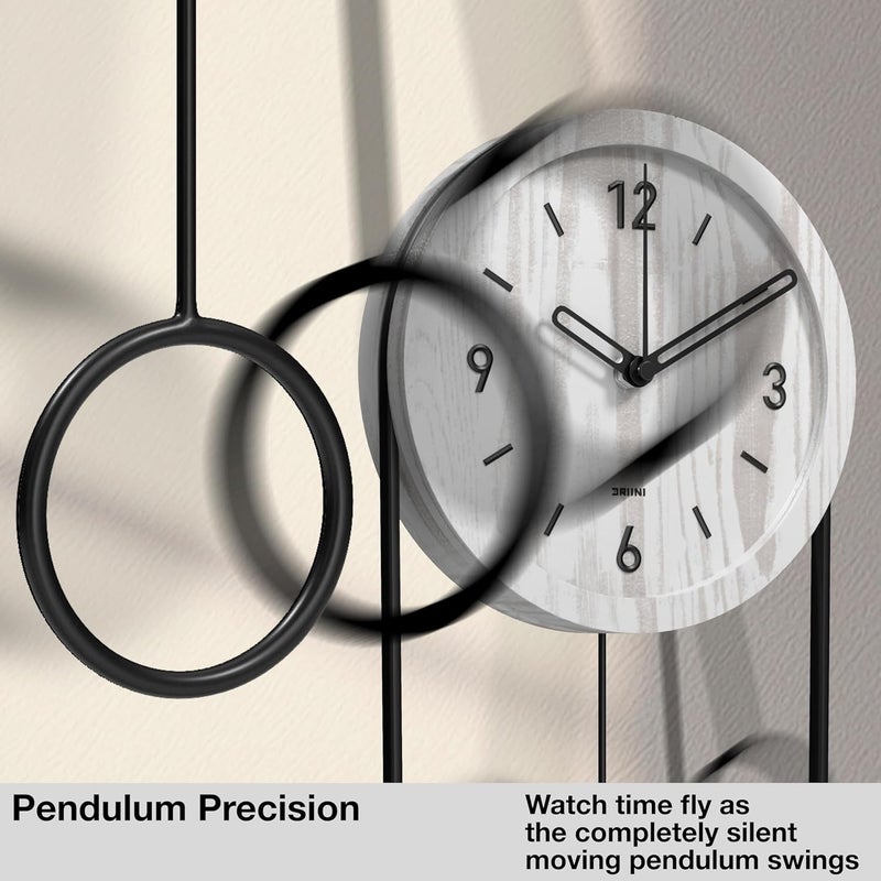 Driini Decorative Wall Clock with Pendulum (White) – Modern Wood, 3D Black Numbers, Metal Frame – Small, Unique Wall Clocks for Living Room Decor or Bathroom - Battery Operated, Silent, Non-Ticking - Image 1