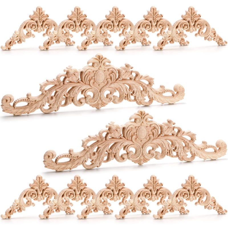 Coloch Coloch 12 Pieces Wood Appliques Onlays Decorative Wooden Applique Trim Carved Unpainted DIY Onlay for Bed Door Cabinet Dresser Wardrobe Furniture Decoration 2 Sizes 