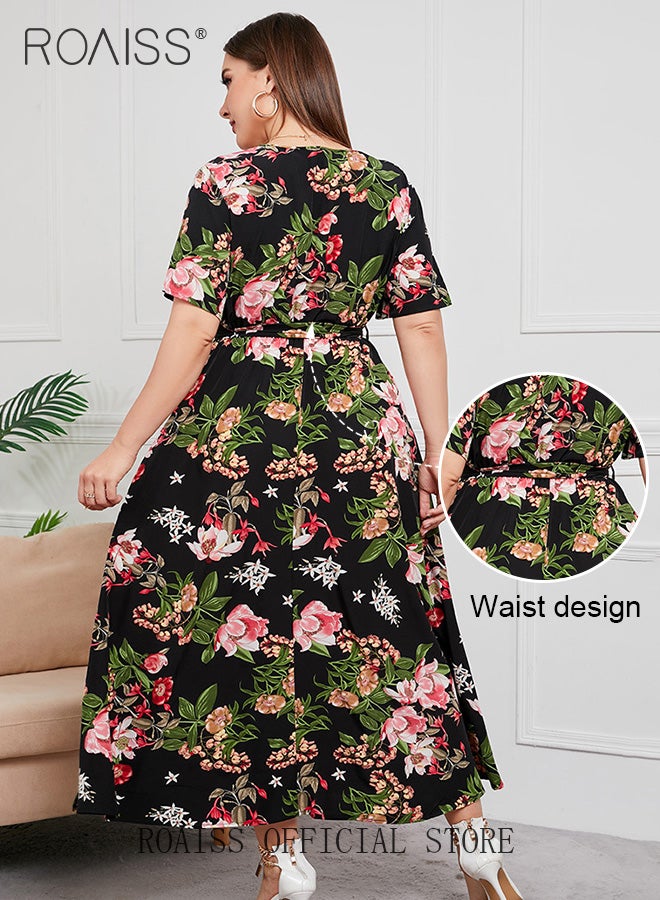 roaiss Abaya Style Robe with Floral Pattern Belt Waist High-Rise V-Neck Design Women Daily Casual Versatile Long Black Skirt Commuter Short Sleeve  Skirt for Ladies Ramadan Eid al-Adha  - Image 3