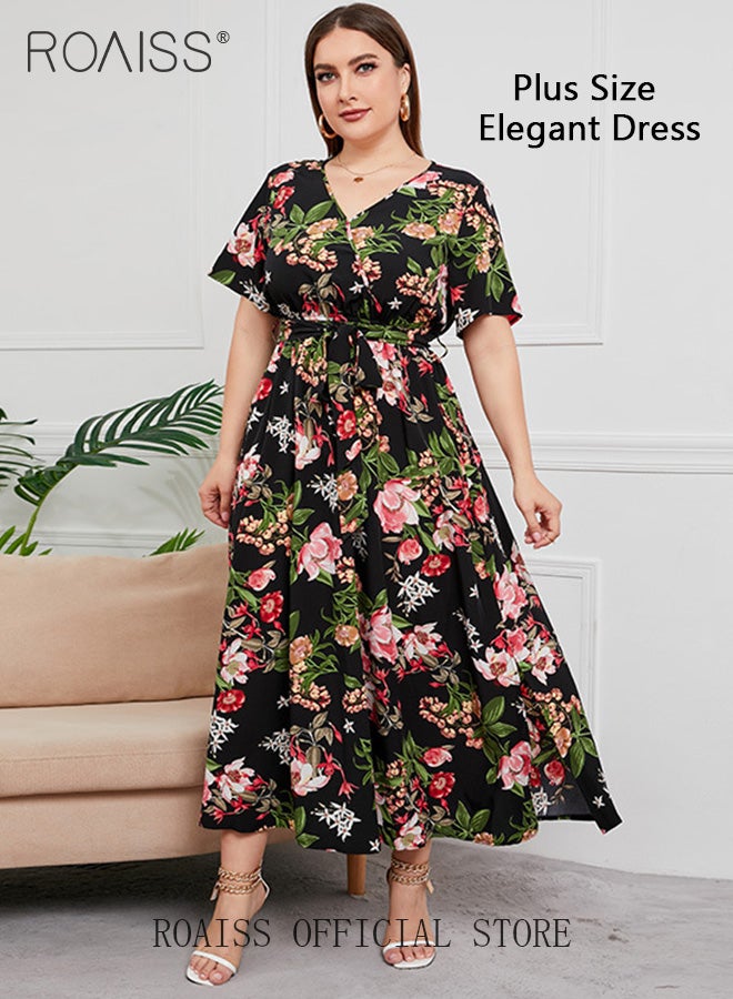 roaiss Abaya Style Robe with Floral Pattern Belt Waist High-Rise V-Neck Design Women Daily Casual Versatile Long Black Skirt Commuter Short Sleeve  Skirt for Ladies Ramadan Eid al-Adha  - Image 1