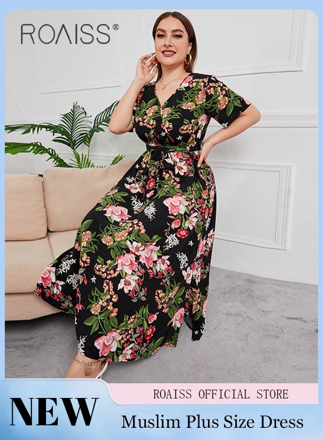 roaiss Abaya Style Robe with Floral Pattern Belt Waist High-Rise V-Neck Design Women Daily Casual Versatile Long Black Skirt Commuter Short Sleeve  Skirt for Ladies Ramadan Eid al-Adha  - Image 2