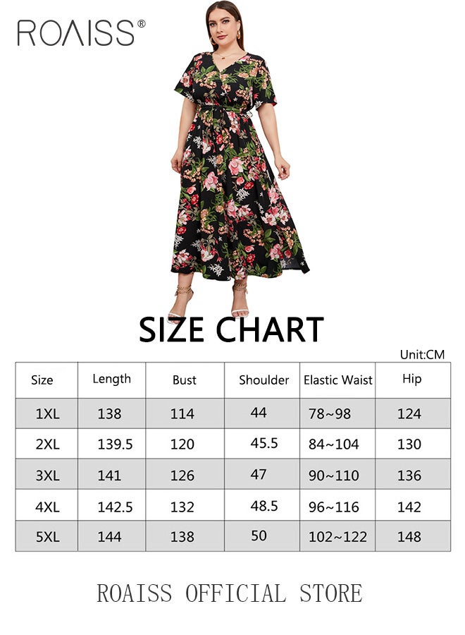 roaiss Abaya Style Robe with Floral Pattern Belt Waist High-Rise V-Neck Design Women Daily Casual Versatile Long Black Skirt Commuter Short Sleeve  Skirt for Ladies Ramadan Eid al-Adha  - Image 4