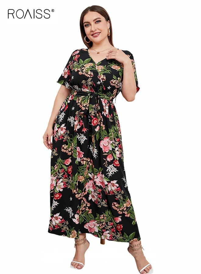 roaiss Women's Abaya Style Robe with Floral Pattern Belt Waist High-Rise V-Neck Design Women Daily Casual Versatile Long Skirt Commuter Short Sleeve Dresses for Ladies Ramadan Eid Al-Adha Black - Image 5