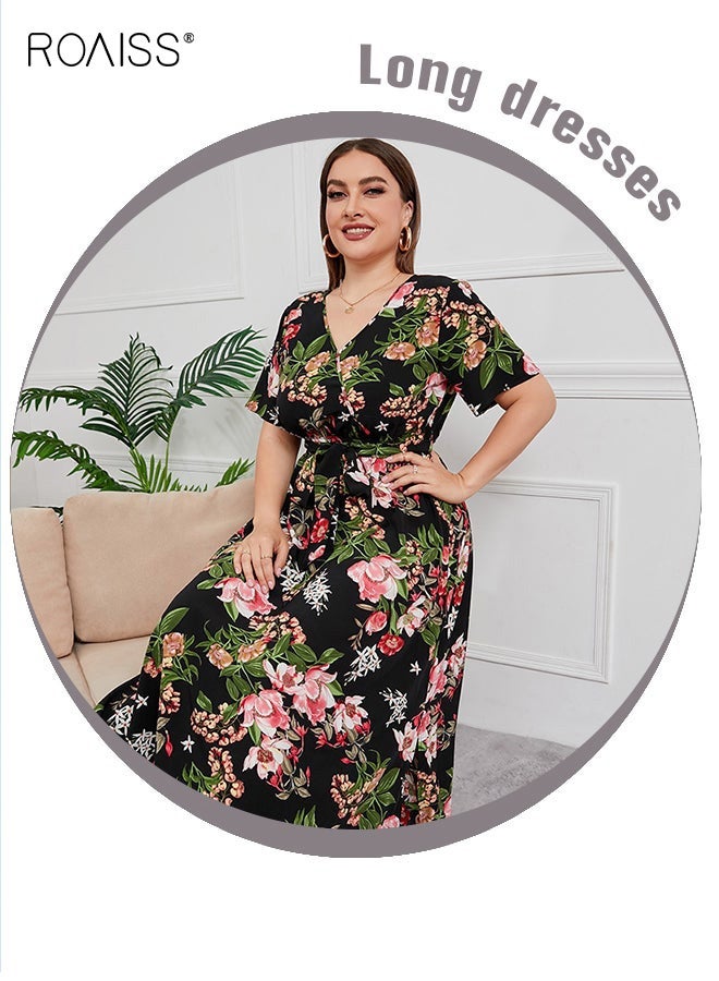 roaiss Women's Abaya Style Robe with Floral Pattern Belt Waist High-Rise V-Neck Design Women Daily Casual Versatile Long Skirt Commuter Short Sleeve Dresses for Ladies Ramadan Eid Al-Adha Black - Image 3
