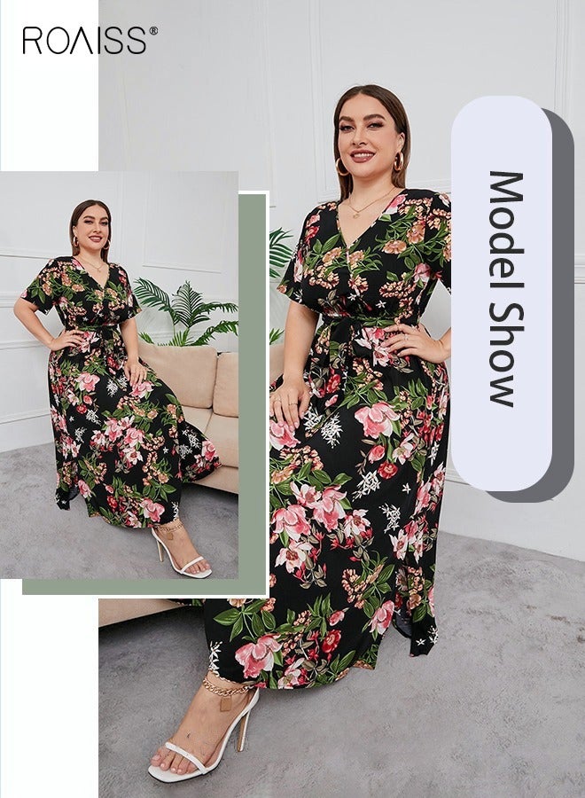 roaiss Women's Abaya Style Robe with Floral Pattern Belt Waist High-Rise V-Neck Design Women Daily Casual Versatile Long Skirt Commuter Short Sleeve Dresses for Ladies Ramadan Eid Al-Adha Black - Image 2