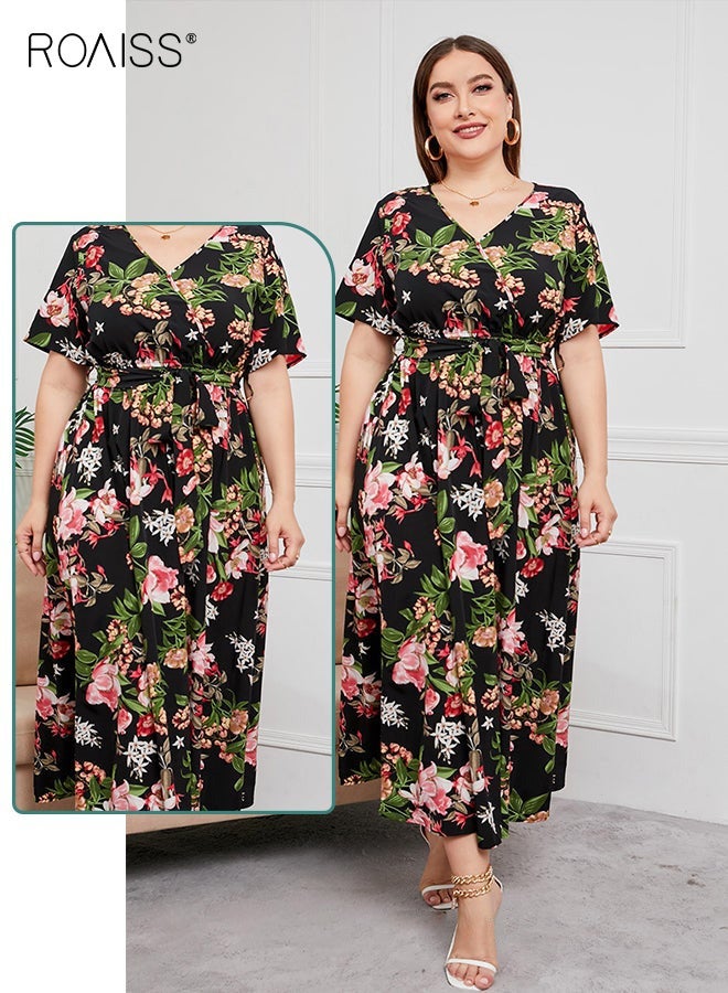 roaiss Women's Abaya Style Robe with Floral Pattern Belt Waist High-Rise V-Neck Design Women Daily Casual Versatile Long Skirt Commuter Short Sleeve Dresses for Ladies Ramadan Eid Al-Adha Black - Image 4