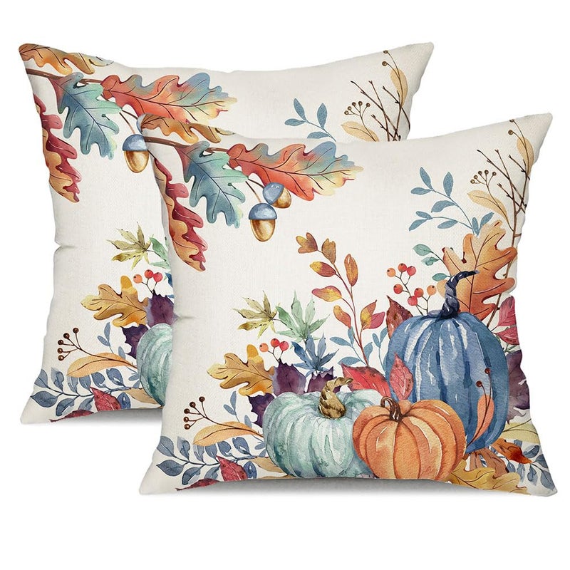 DFXSZ Fall Pillow Covers 18x18 inch Set of 2 Blue and Green Watercolor Pumpkin Fallen Leaves Decorative Throw Pillow Covers Autumn Thanksgiving Farmhouse Decoration for Home Couch TH27E18