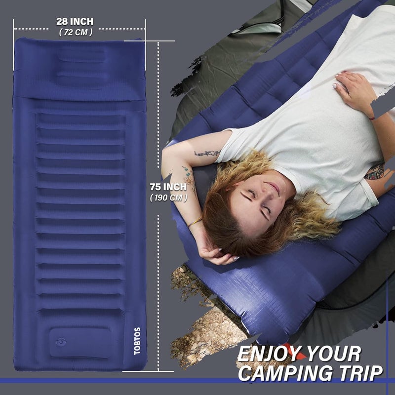 TOBTOS Inflatable Camping Sleeping Pad with Pillow, Thick 6 Inch Ultralight Sleeping Pad with Built-in Pump, Lightweight Sleeping Mat for Camping, Backpacking, Hiking, Tent (Blue) - Image 3