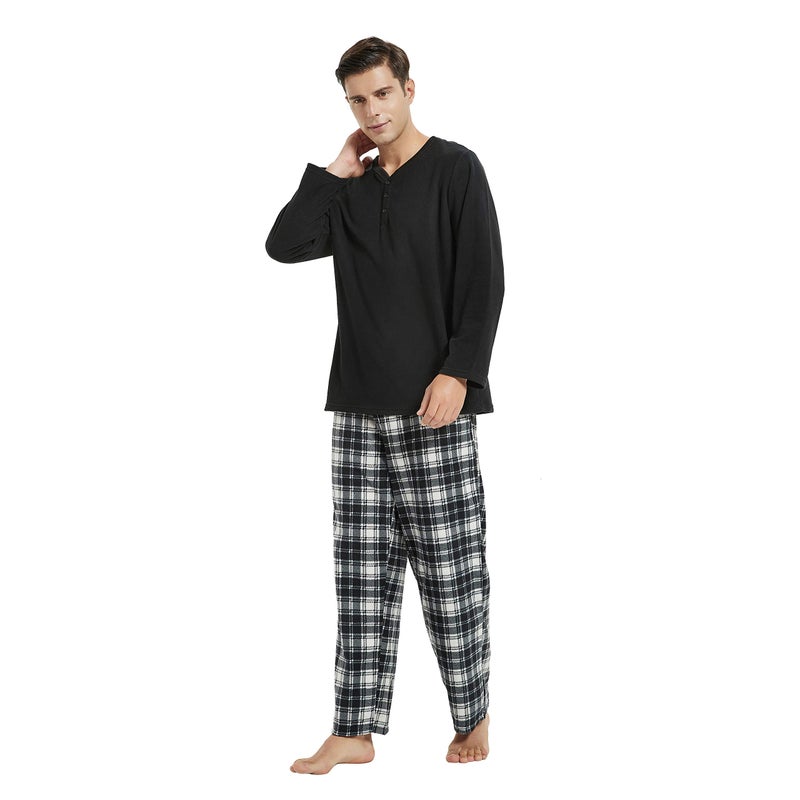 U2SKIIN Mens Pajama Set, Plaid Pajamas for men Long Sleeve Sleepwear Warm Pjs Set with Pockets(Black/White-Black Plaid, M) - Image 4