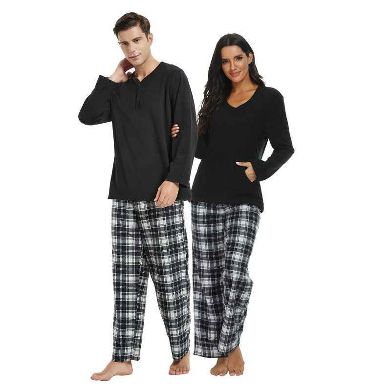 U2SKIIN Mens Pajama Set, Plaid Pajamas for men Long Sleeve Sleepwear Warm Pjs Set with Pockets(Black/White-Black Plaid, M) - Image 1
