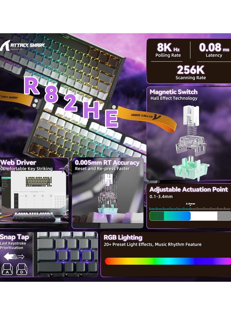 هجوم القرش لوحة مفاتيح الألعاب الميكانيكية السلكية R82 HE Rapid Trigger TKL NKRO مع معدل استجابة 8K، ودقة زمن استجابة 0.005 مم، ومعدل مسح 256 ألف، وخمس طبقات عازلة للصوت، ومفاتيح مغناطيسية بتقنية تأثير هول، وبرنامج تشغيل لأجهزة الكمبيوتر الشخصية وأجهزة ماك (Moonlight). - Image 2