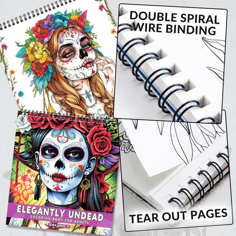 FunLavie FUN LAVIE Sugar Skull Coloring Book for Adults â€“ Elegant Floral Sugar Skull Lady Designs for Women Mindfulness, Stress Relief & Relaxation, Spiral Bound, Perfect Day of The Dead Art Gift - Image 4