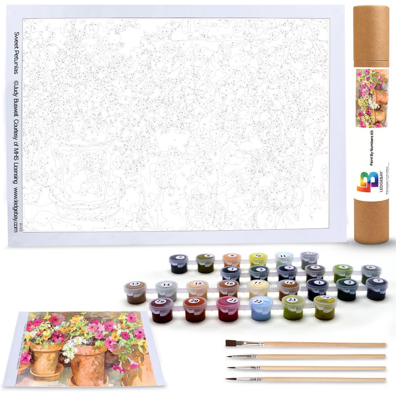 Ledgebay DIY Paint by Numbers Kit for Adults Unframed Canvas: Beginner to Advanced Paint by Numbers Kit - Kits Include Acrylic Paint Set 4 Brushes & Tabletop Easel - Sweet Petunias 16" x 20" Unframed - Image 2