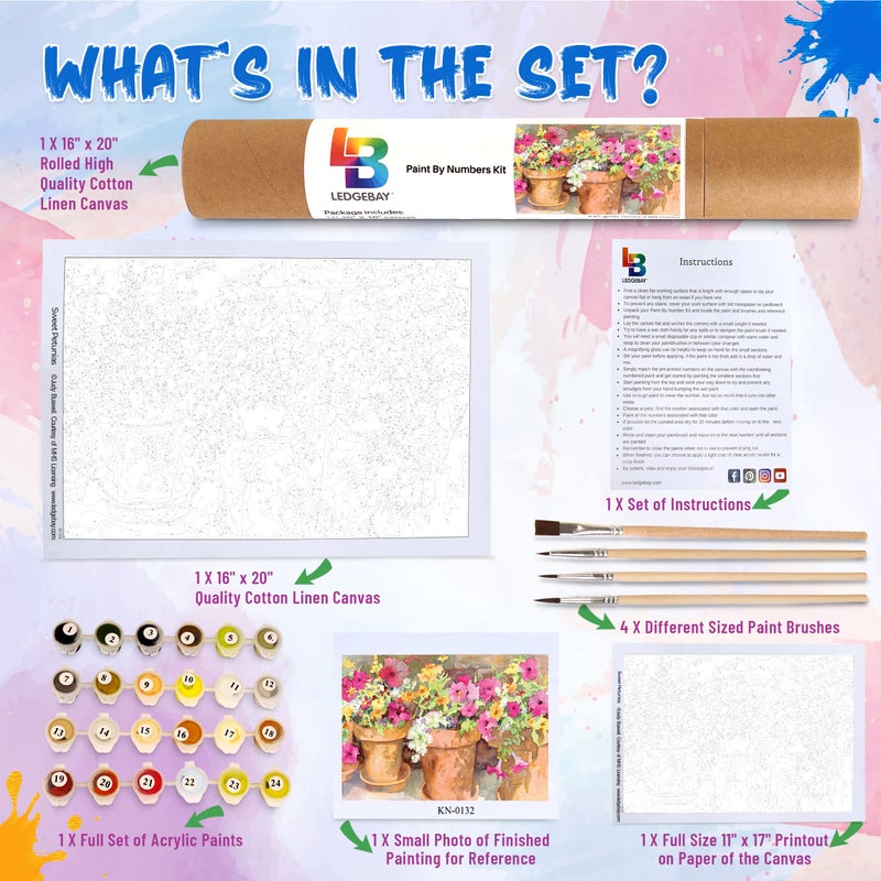 Ledgebay DIY Paint by Numbers Kit for Adults Unframed Canvas: Beginner to Advanced Paint by Numbers Kit - Kits Include Acrylic Paint Set 4 Brushes & Tabletop Easel - Sweet Petunias 16" x 20" Unframed - Image 3