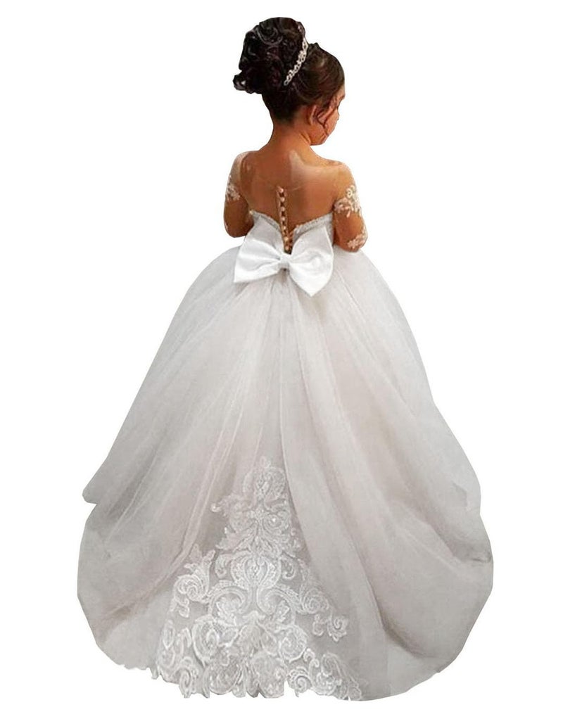 GU ZI YANG White Lace Long Sleeve Flower Girl Dresses Princess Gown Pageant Dress GZY202-WH-6 - Image 1