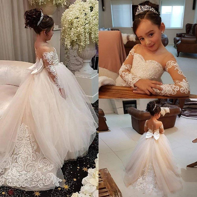 GU ZI YANG White Lace Long Sleeve Flower Girl Dresses Princess Gown Pageant Dress GZY202-WH-6 - Image 2