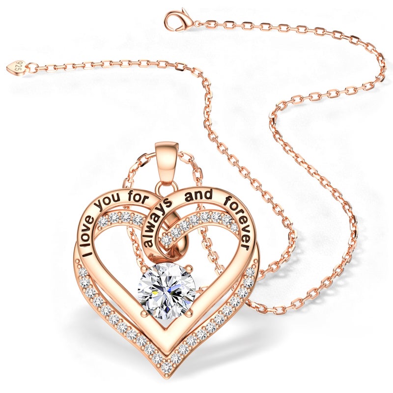 TEN MIRO S925 Sterling Silver I Love You Necklace Anniversary Birthday Gift for Women Rose Gold Forever Love Heart Pendant for Her Anniversary Valentines Christmas Gift for Wife Girlfriend Mom Daughter - Image 1
